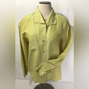 Silk Essentials Women’s Blouse Silk Woven Size M Long Sleeves Lime Green Buttons